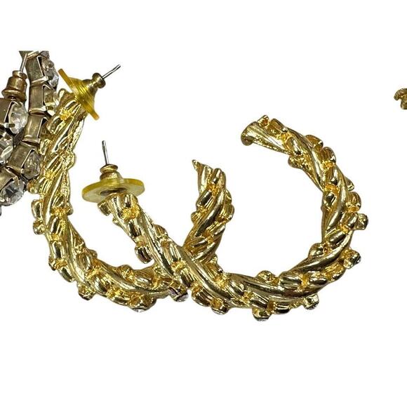 80s VTG Jewelry Lot 7 pr earrings 1 bracelet Gold Tone Rhinestones Hoops Hearts - Picture 6 of 10